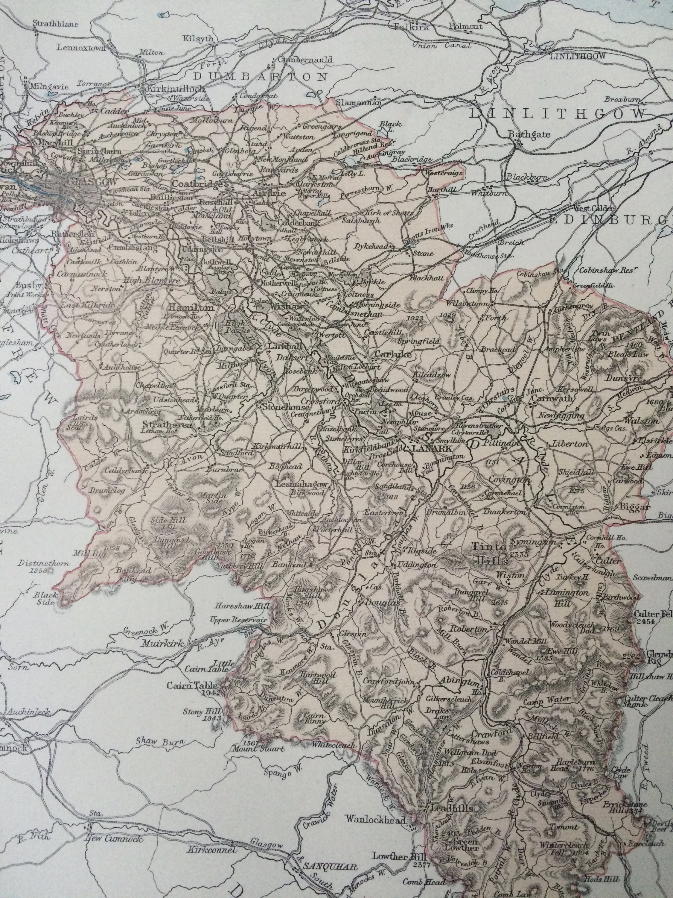 1875 LANARKSHIRE original antique map, cartography, geography, wall