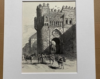 1876 Puerta del Sol, Toledo Original Antique Engraving - Spain - Mounted and Matted - Available Framed