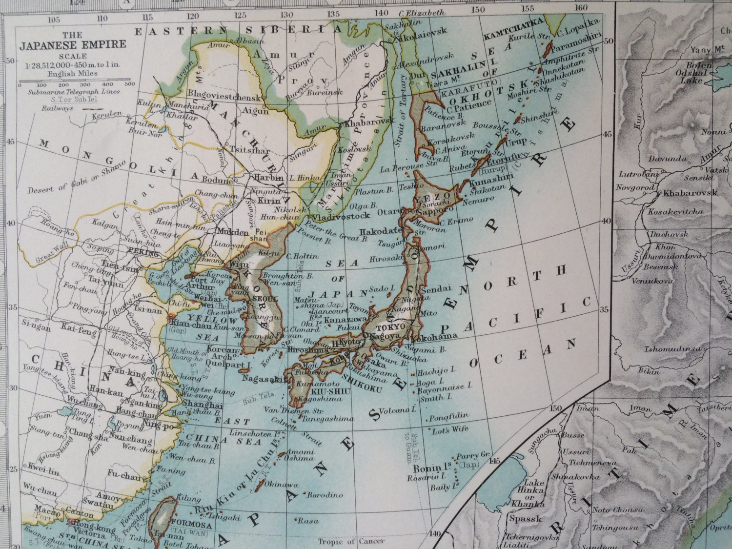 1907 JAPAN and KOREA original antique map, cartography, historical map