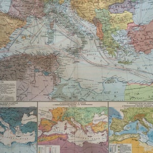 Mittelmeer 1914 große, antike Landkarte, 17 x 22 Zoll, historische Wanddekoration, Debes Atlas, Wohnkultur, Kartographie, Geograph