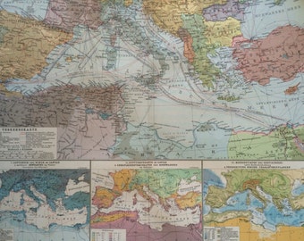 1914 MEDITERRANEAN SEA Large Original Antique Map, 17 x 22 inches, historical wall decor, Debes Atlas, Home Decor, Cartography, Geograph