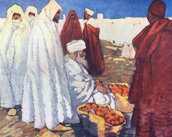 1904 Selling Oranges - Moroccan Street Market Original Antique Print - Moroccan Landscape - Morocco - Mounted and Matted - Available Framed