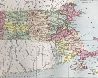 1875 Massachusetts Original Antique Map - MA - US State Map - United States - Vintage Wall Map - Available Matted and Framed