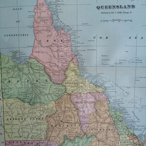 1901 クイーンズランド 大型オリジナルアンティークマップ、22.5 x 14.5 インチ、ホームデコレーション、地図作成、地理、ヴィンテージデコレーション
