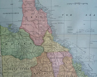 1901 QUEENSLAND Large Original Antique Map, 22.5 x 14.5 inches, Home Decor, Cartography, Geography, Vintage Decor
