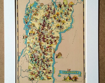 1935 Vermont Original Vintage Cartoon Map - Ruth Taylor - Mounted and Matted - Whimsical Map - United States