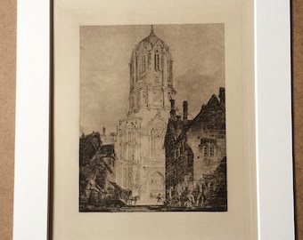 1902 The Tom Tower, Oxford by Turner Original Antique Matted Photogravure - Fine Art Landscape - William Turner - Sepia