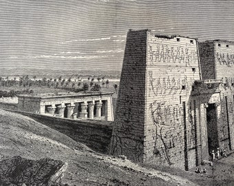 1880 Temple of Edfu Original Antique Engraving - Egypt - Mounted and Matted - Available Framed