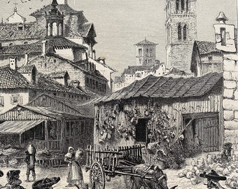 1876 Market Place, Valladolid Original Antique Engraving - Mounted and Matted - Spain - Architecture - Available Framed