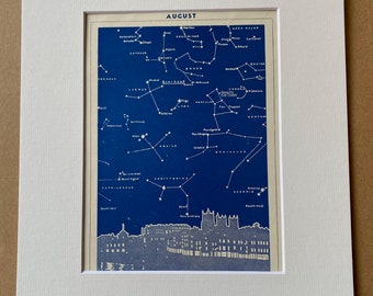 1940s August Star Map - Stars over Bristol Original Vintage Print - Constellations - Mounted and Matted - Available Framed