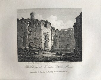 1816 The Chapel at Porchester Castle, Hampshire Small Original Antique Engraving - Architecture - Mounted and Matted - Available Framed