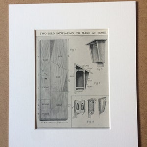 May include: A black and white diagram titled "TWO BIRD BOXES - EASY TO MAKE AT HOME" shows instructions for building birdhouses. The diagram includes labeled parts like "BACK", "SIDE", "FRONT", "CEILING", "ROOF", and "FLOOR", with measurements in inches.