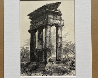 1876 Temple of Castor, Girgenti Original Antique Engraving - Sicily - Italy - Mounted and Matted - Available Framed