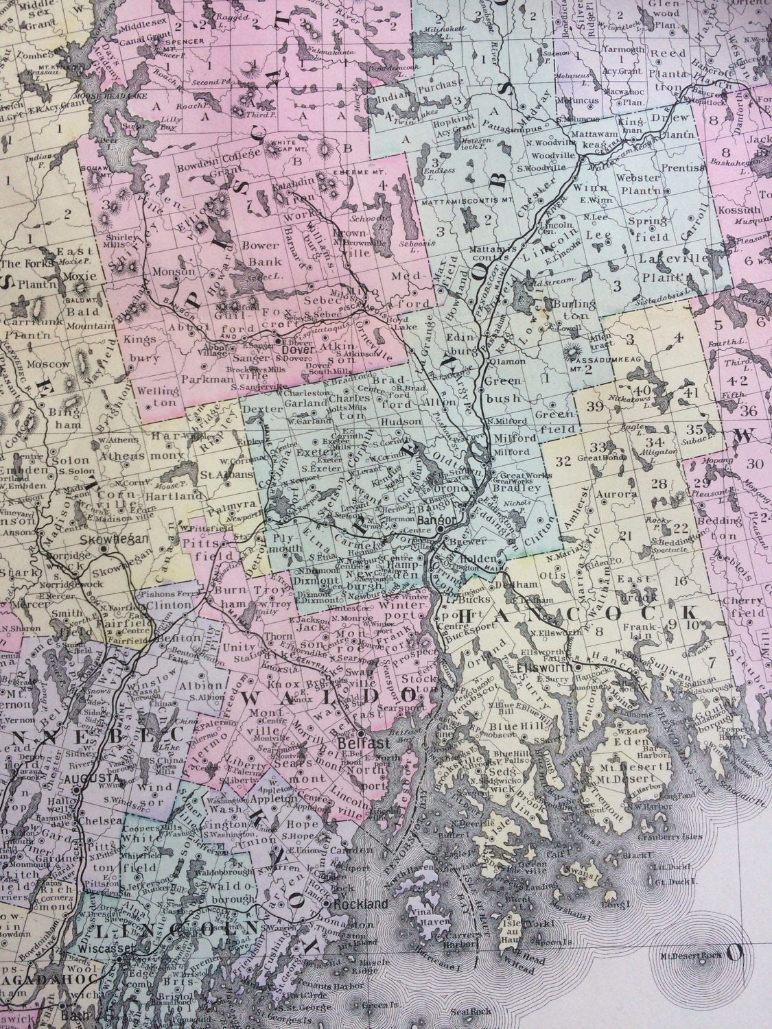 1888 MAINE large rare original antique Mitchell Map US State Map