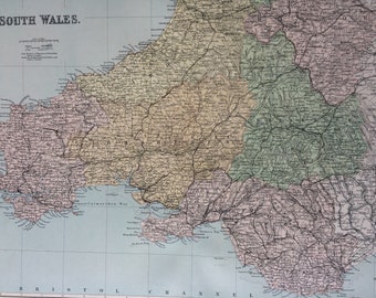 1868 South Wales from the Ordnance Survey Large Original Antique Map showing railways, roads & footpaths - Wall Map - Vintage Decor