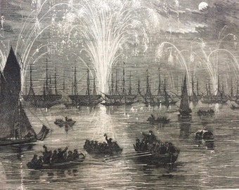 1856 The Grand Naval Review - Illumination of the Fleet Original Antique Engraved Newspaper Illustration, Victorian Decor, Ship, Navy