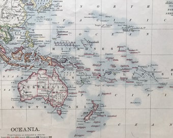 1901 Oceania Original Antique Map showing foreign possessions - Australasia - Pacific Islands - Mounted and Matted - Available Framed
