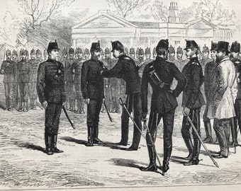 1877 Presentation of Medals to Sergeant Instructors of the 49th Middlesex Rifle Volunteers Original Antique Matted Print - Military Decor
