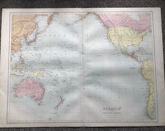 1876 Oceania and The Pacific Ocean Extra Large Original Antique A & C Black Map from Admiralty Surveys - Large Wall Map - Wall Decor