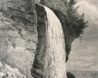 1895 Silver Cascade, New Hampshire? Original Antique Wood Engraving - Mounted and Matted - Waterfall - Decorative Art - Available Framed