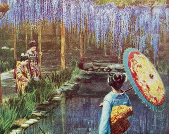 1940s In a Japanese Garden Original Vintage Print - Mounted and Matted - Wisteria - Kimono - Blossoms - Japan - Available Framed