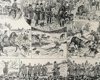 1923 Hunting Original Antique Print - Mounted and Matted - Decorative Art - Wall Decor - Hunter - Hunt - Deer - Boar - Fox - Cabin Decor