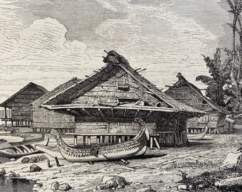 1880 View of the Roadstead and Village of Warus-Warus, Ceram Original Antique Print - Seram Island - Mounted and Matted - Available Framed