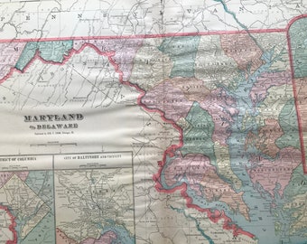1907 Maryland and Delaware Large Original Antique Map with inset maps of District of Columbia and Baltimore - United States - State Map