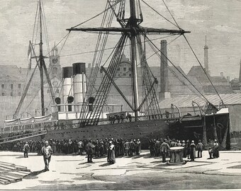 1883 The French Transatlantic Steam-Ship Saint Germain in Devonport Dockyard Original Antique Print - Mounted and Matted - Available Framed