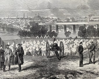 1864 American Civil War - Camp of Federal Prisoners on Belle Isle, Richmond Original Antique Print - Available Framed