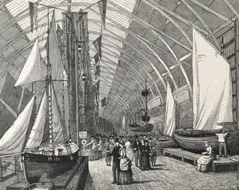 1883 Boats and Nets in the British Sea Fisheries Gallery Original Antique Print - Mounted and Matted - Available Framed