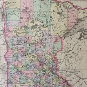 Grande carte Mitchell antique originale rare du comté de MINNESOTA de 1888 - carte de l'état des États-Unis - décoration murale - décoration d'intérieur - idée cadeau