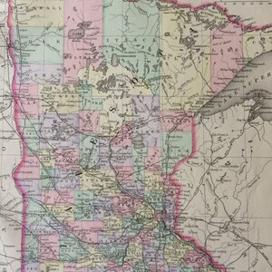 1888 MINNESOTA County large rare original antique Mitchell Map - US State Map - Wall Decor - Home Decor - Gift Idea