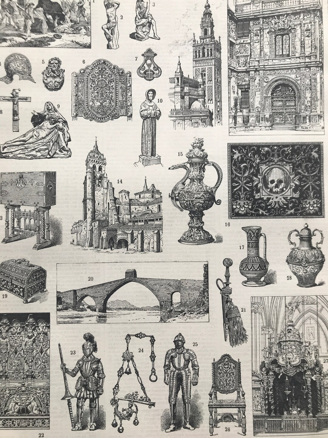 1897 Spanish Art and Architecture Original Antique Print Spain Mounted