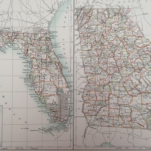 1898 Florida en Georgia grote originele antieke zwarte kaart A & C - Verenigde Staten - Victoriaanse muurdecoratie - idee huwelijkscadeau
