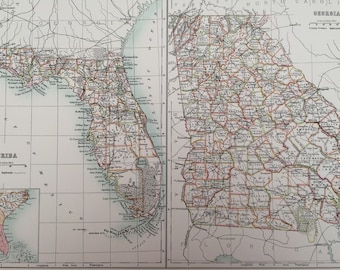 1898 Florida and Georgia Large Original Antique A & C Black Map - United States - Victorian Wall Decor - Wedding Gift Idea
