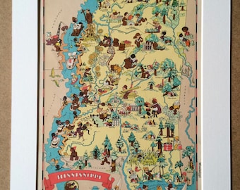 1935 Mississippii Original Vintage Cartoon Map - Ruth Taylor - Mounted and Matted - Whimsical Map - United States