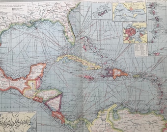 1903 The West Indies & Central America: Industries and Communications Large Original Antique Map, 15.5 x 20.5 inches, Harmsworth map