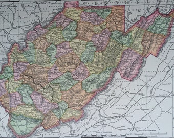 1898 WEST VIRGINIA Original Antique Map, 11 x 14 inches, Rand McNally, Home Decor, Cartography, Geography, Vintage Decor, US State Map