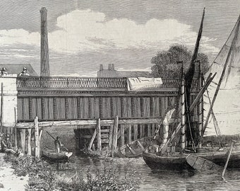 1864 London Main-Drainage Works - Aqueduct at Abbey Mills, Stratford Original Antique Engraving - Available Framed