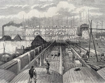 1864 The Metropolitan Main Drainage Works at Crossness, London Original Antique Print - Available Framed