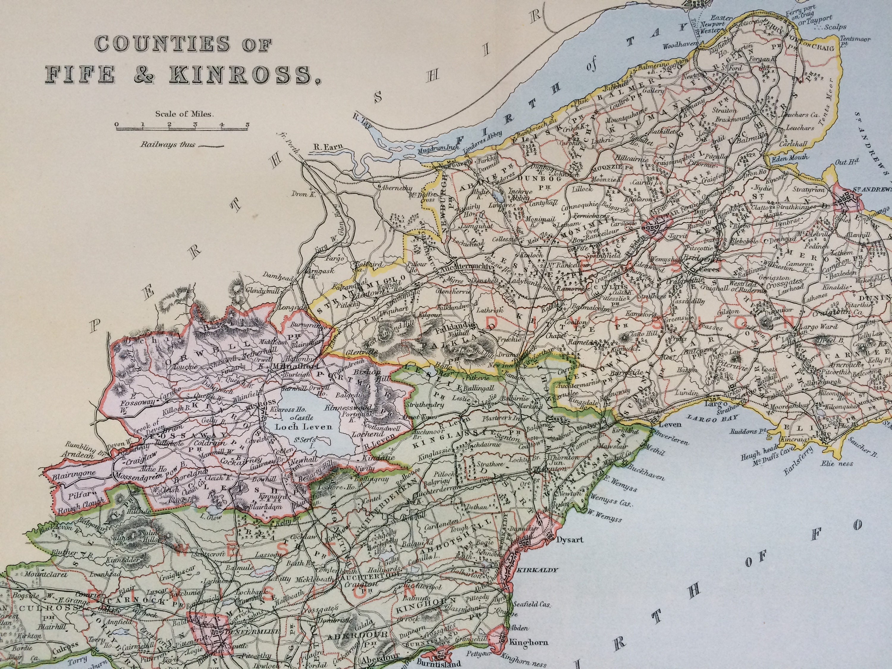 1901 Counties of Fife and Kinross Original Antique Map Scottish