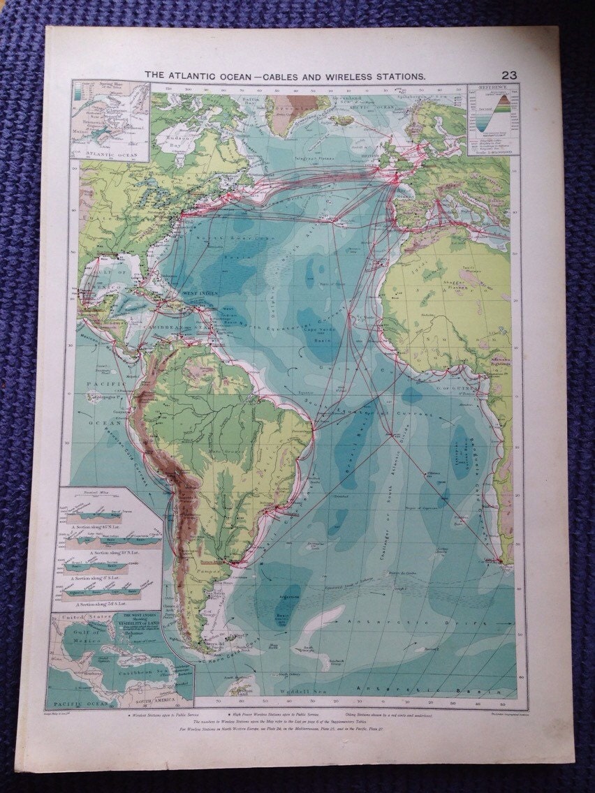 1920 Atlantic Ocean Map - showing cables and wireless stations - extra ...