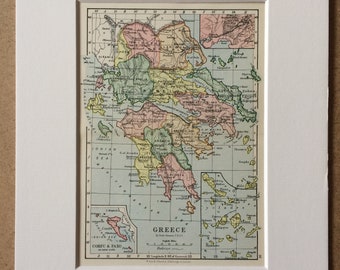 1895 Greece Original Antique World Map - Mounted and Matted - 8 x 10 inches - Framed Map - Gift Idea - Framed Vintage Art