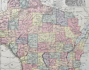 1875 Wisconsin Original Antique Map - Available Matted and Framed - US State - Vintage Wall Decor
