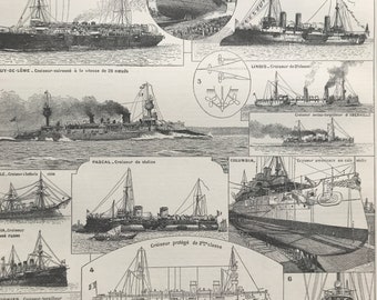 1897 Cruiser Ships Original Antique Print - Military Decor - Ship - Mounted and Matted - Available Framed