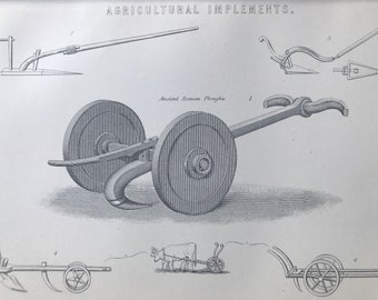 1891 Agricultural Implements - Ancient Roman Ploughs Original Antique Print - Farming Equipment - Available Mounted, Matted and Framed