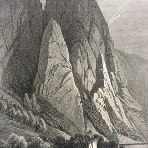 Acantilados en el desfiladero de Kazán, 1876. Grabado en madera antiguo original. Rusia. Río Danubio. Montado y enmarcado. Disponible enmarcado.