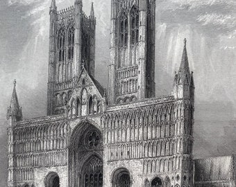 1838 Lincoln Cathedral - West Front Original Antique Engraving - Architecture - Mounted and Matted - Available Framed