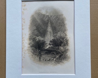 1840 Powerscourt Waterfall, Wicklow Original Antique Engraving - County Wicklow - Ireland - Mounted and Matted - Available Framed
